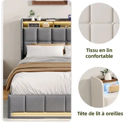 Lit Coffre 140x190 cm en Tissu avec Rangement, LED, USB et Type-C, lit double avec Sommier Relevable à Vérins, Gris><noscript><img width=