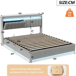 Simple Life Lit coffre 160x200 cm en tissu velours gris avec tête de lit rembourrée, LED intégrées, rangement pratique, prise USB* Lit Coffre