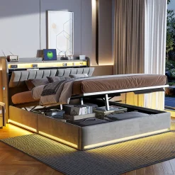 Simple Life Lit coffre 160x200 cm en tissu velours gris avec tête de lit rembourrée, LED intégrées, rangement pratique, prise USB* Lit Coffre