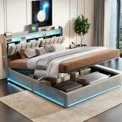 Simple Life Lit coffre 160x200 cm en tissu velours gris avec tête de lit rembourrée, LED intégrées, rangement pratique, prise USB* Lit Coffre
