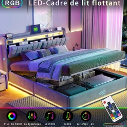 Simple Life Lit coffre 160x200 cm en tissu velours gris avec tête de lit rembourrée, LED intégrées, rangement pratique, prise USB* Lit Coffre