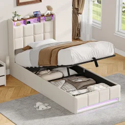 ProximaX Lit Coffre 90x200 cm en Tissu avec Rangement, Tête de Lit avec LED, USB et Type-C, Sommier Relevable à Vérins, Beige* Lit Coffre