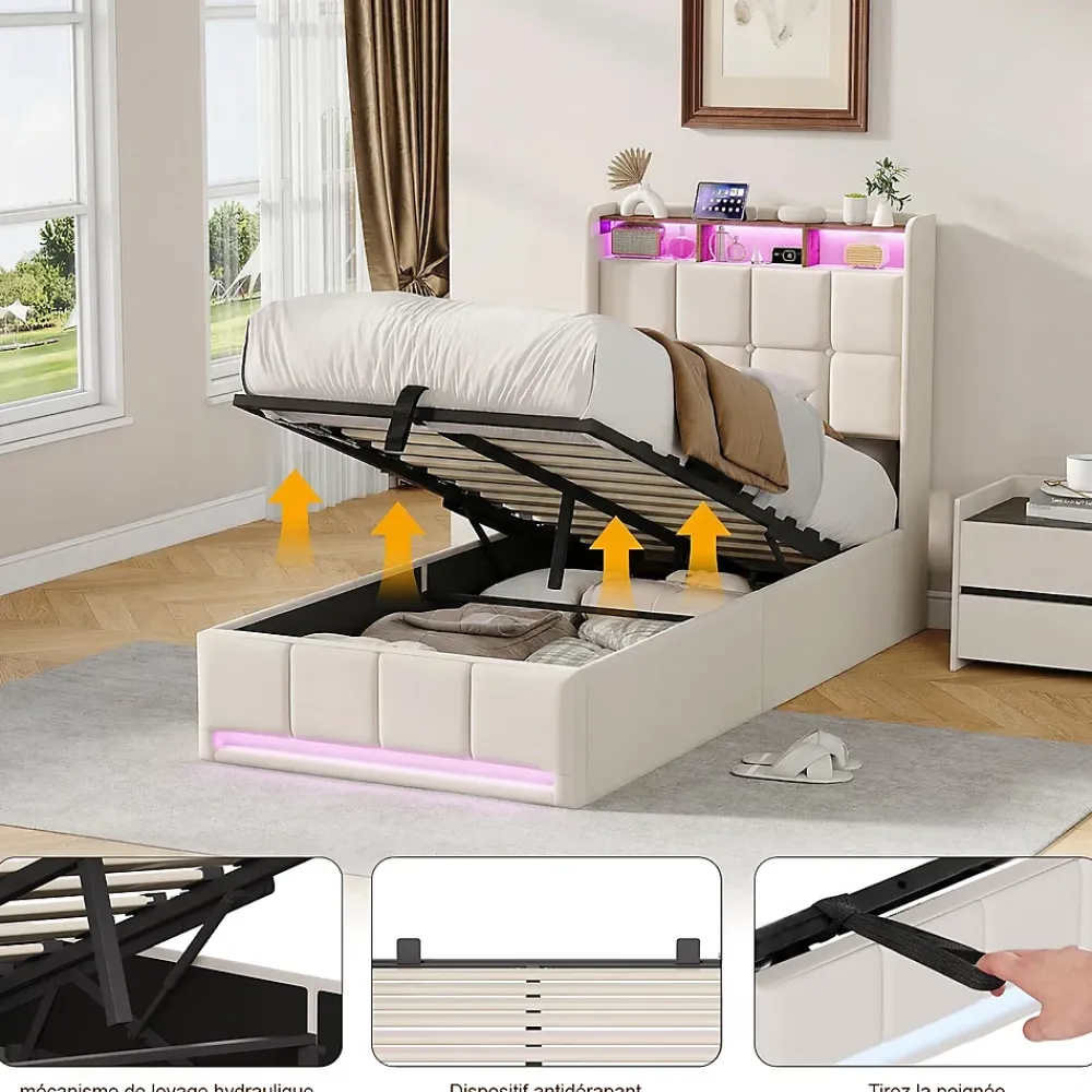 ProximaX Lit Coffre 90x200 cm en Tissu avec Rangement, Tête de Lit avec LED, USB et Type-C, Sommier Relevable à Vérins, Beige* Lit Coffre