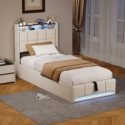 ProximaX Lit Coffre 90x200 cm en Tissu avec Rangement, Tête de Lit avec LED, USB et Type-C, Sommier Relevable à Vérins, Beige* Lit Coffre