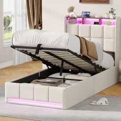 ProximaX Lit Coffre 90x200 cm en Tissu avec Rangement, Tête de Lit avec LED, USB et Type-C, Sommier Relevable à Vérins, Beige* Lit Coffre