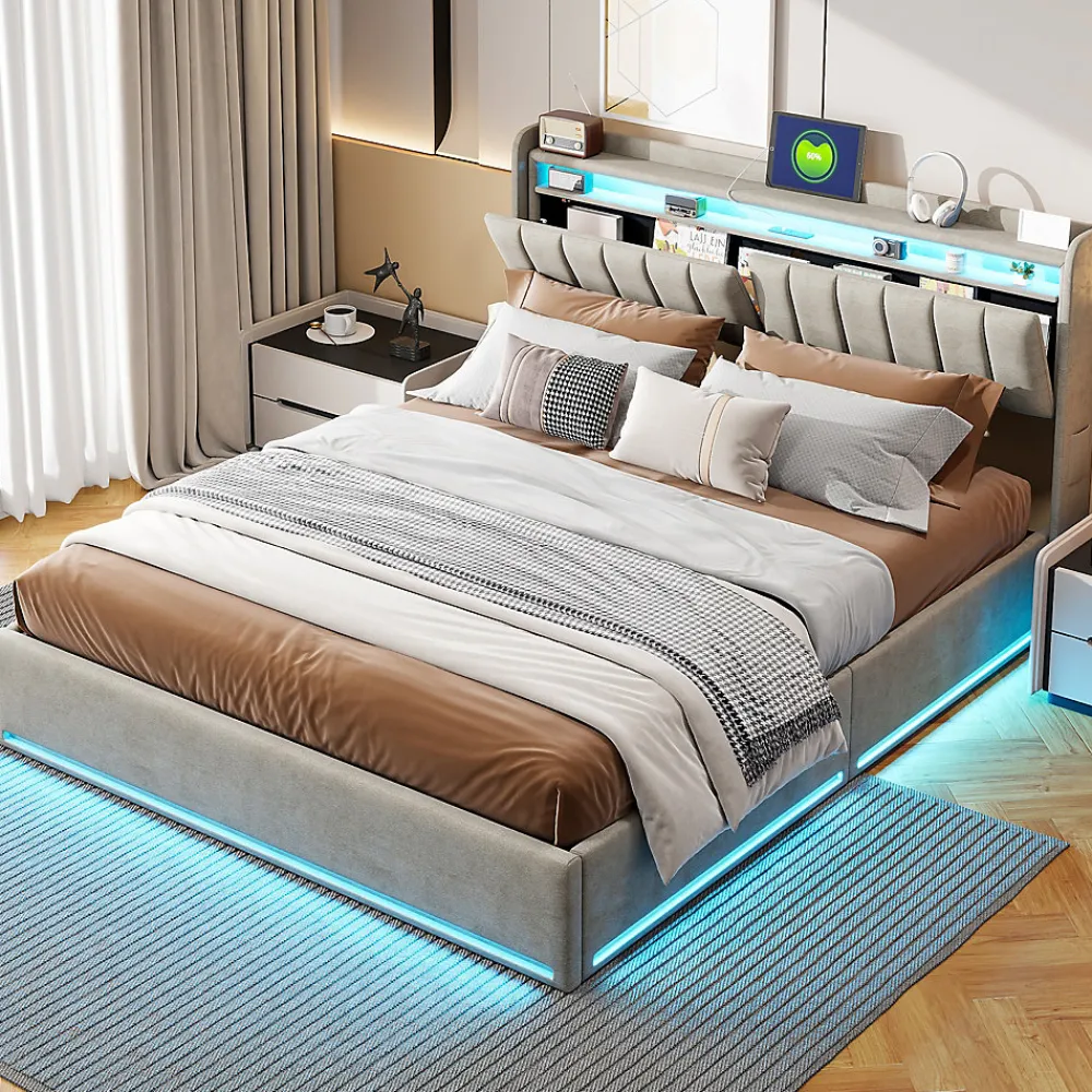 ProximaX Lit coffre 160x200 cm en tissu velours avec rangement pratique, tête de lit rembourrée, lit double avec LED et prise USB, Gris* Lit Coffre