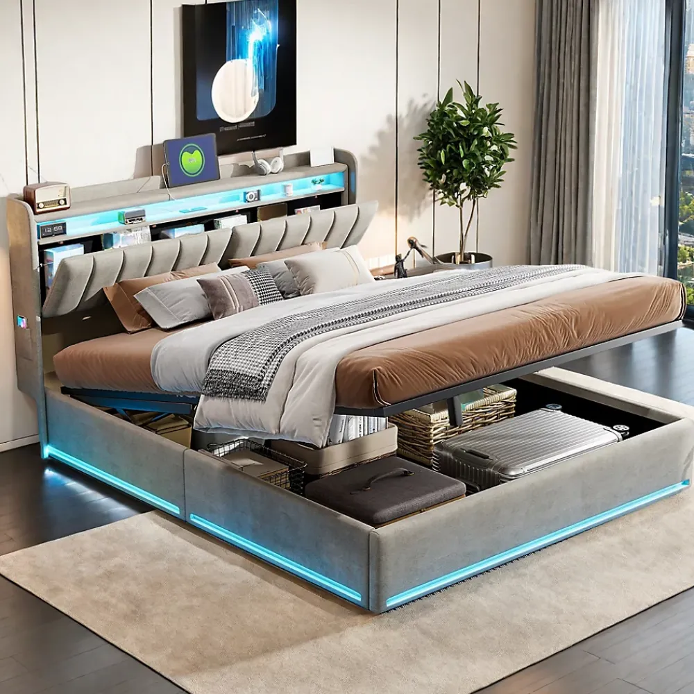 ProximaX Lit coffre 160x200 cm en tissu velours avec rangement pratique, tête de lit rembourrée, lit double avec LED et prise USB, Gris* Lit Coffre