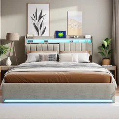 ProximaX Lit coffre 160x200 cm en tissu velours avec rangement pratique, tête de lit rembourrée, lit double avec LED et prise USB, Gris* Lit Coffre