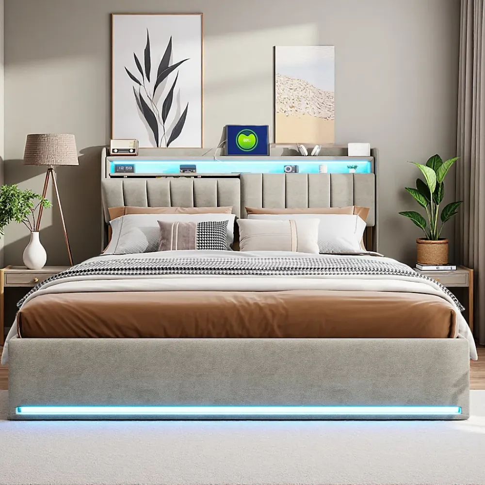 ProximaX Lit coffre 160x200 cm en tissu velours avec rangement pratique, tête de lit rembourrée, lit double avec LED et prise USB, Gris* Lit Coffre