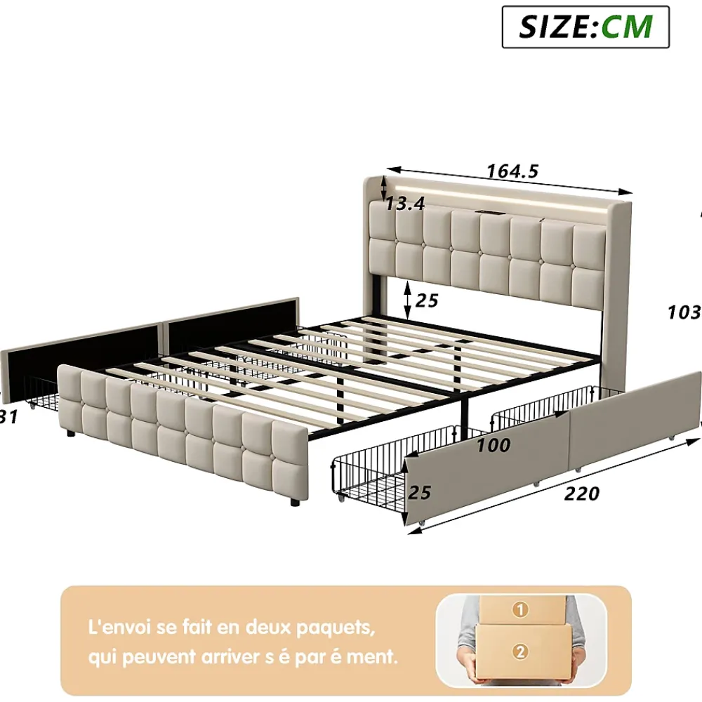 ProximaX Lit coffre 160x200 cm en tissu beige avec tête rembourrée, LED, ports USB, 4 tiroirs et sommier à lattes, sans matelas* Lit Coffre