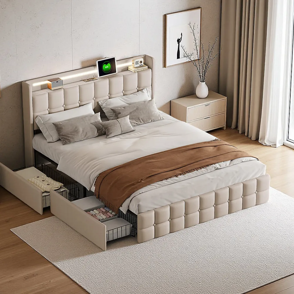 ProximaX Lit coffre 160x200 cm en tissu beige avec tête rembourrée, LED, ports USB, 4 tiroirs et sommier à lattes, sans matelas* Lit Coffre