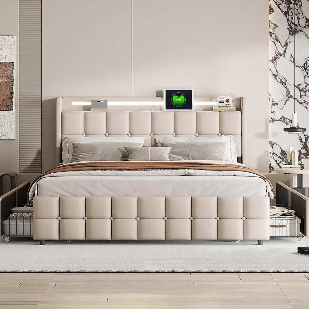 ProximaX Lit coffre 160x200 cm en tissu beige avec tête rembourrée, LED, ports USB, 4 tiroirs et sommier à lattes, sans matelas* Lit Coffre