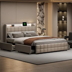 ProximaX Lit coffre 160x200 cm en tissu beige avec tête rembourrée, LED, ports USB, 4 tiroirs et sommier à lattes, sans matelas* Lit Coffre