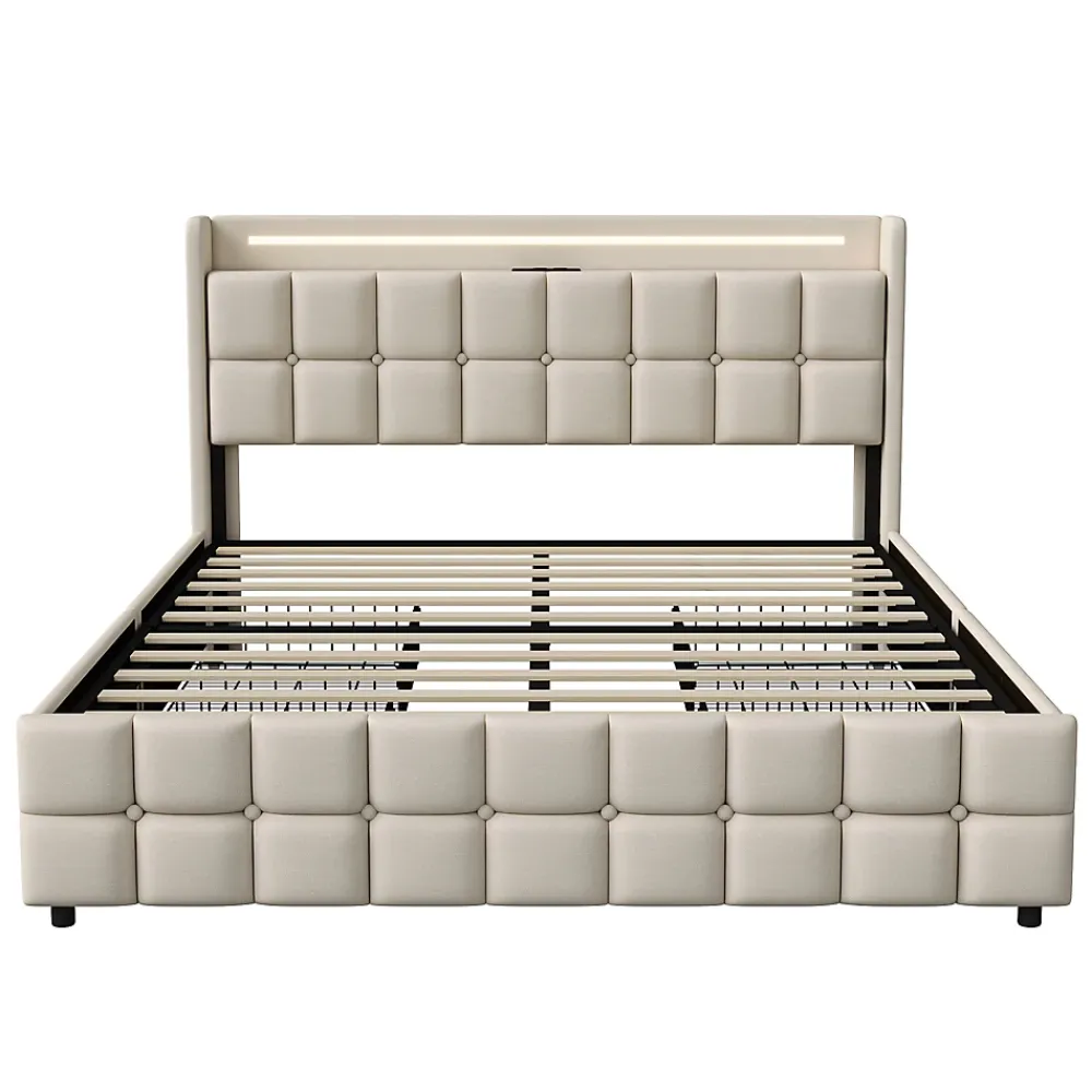 ProximaX Lit coffre 160x200 cm en tissu beige avec tête rembourrée, LED, ports USB, 4 tiroirs et sommier à lattes, sans matelas* Lit Coffre