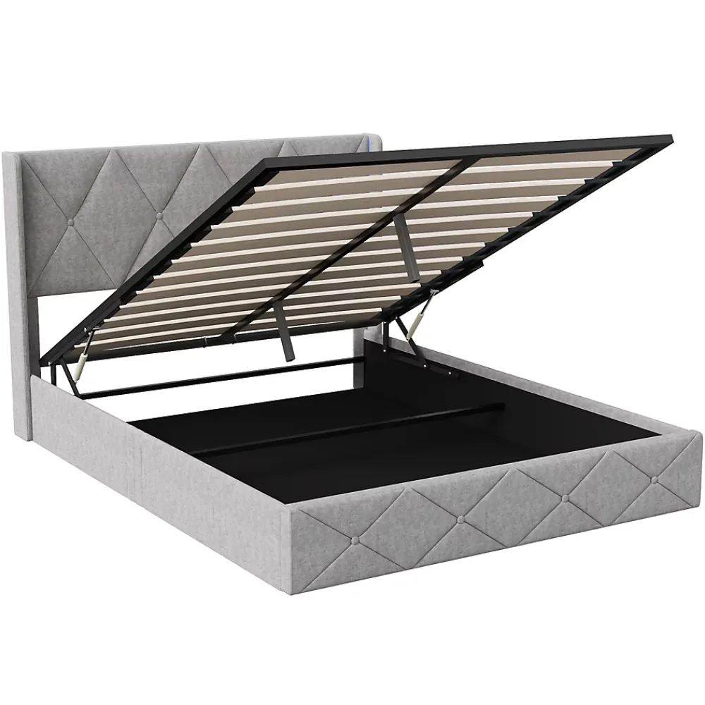 ProximaX Lit coffre 160x200 cm en velours gris givré avec lampe latérale sur la tête de lit, rangement hydraulique, facile à monter* Lit Coffre