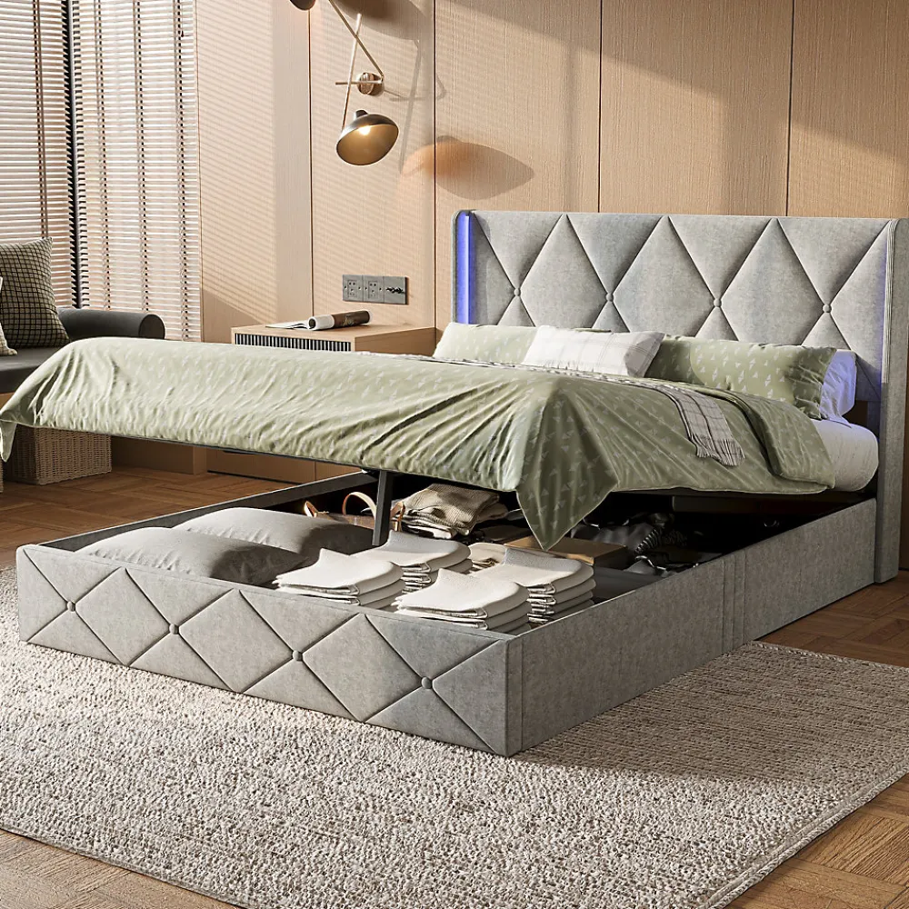 ProximaX Lit coffre 160x200 cm en velours gris givré avec lampe latérale sur la tête de lit, rangement hydraulique, facile à monter* Lit Coffre