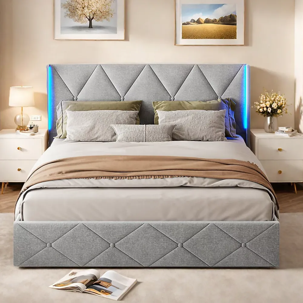 ProximaX Lit coffre 160x200 cm en velours gris givré avec lampe latérale sur la tête de lit, rangement hydraulique, facile à monter* Lit Coffre