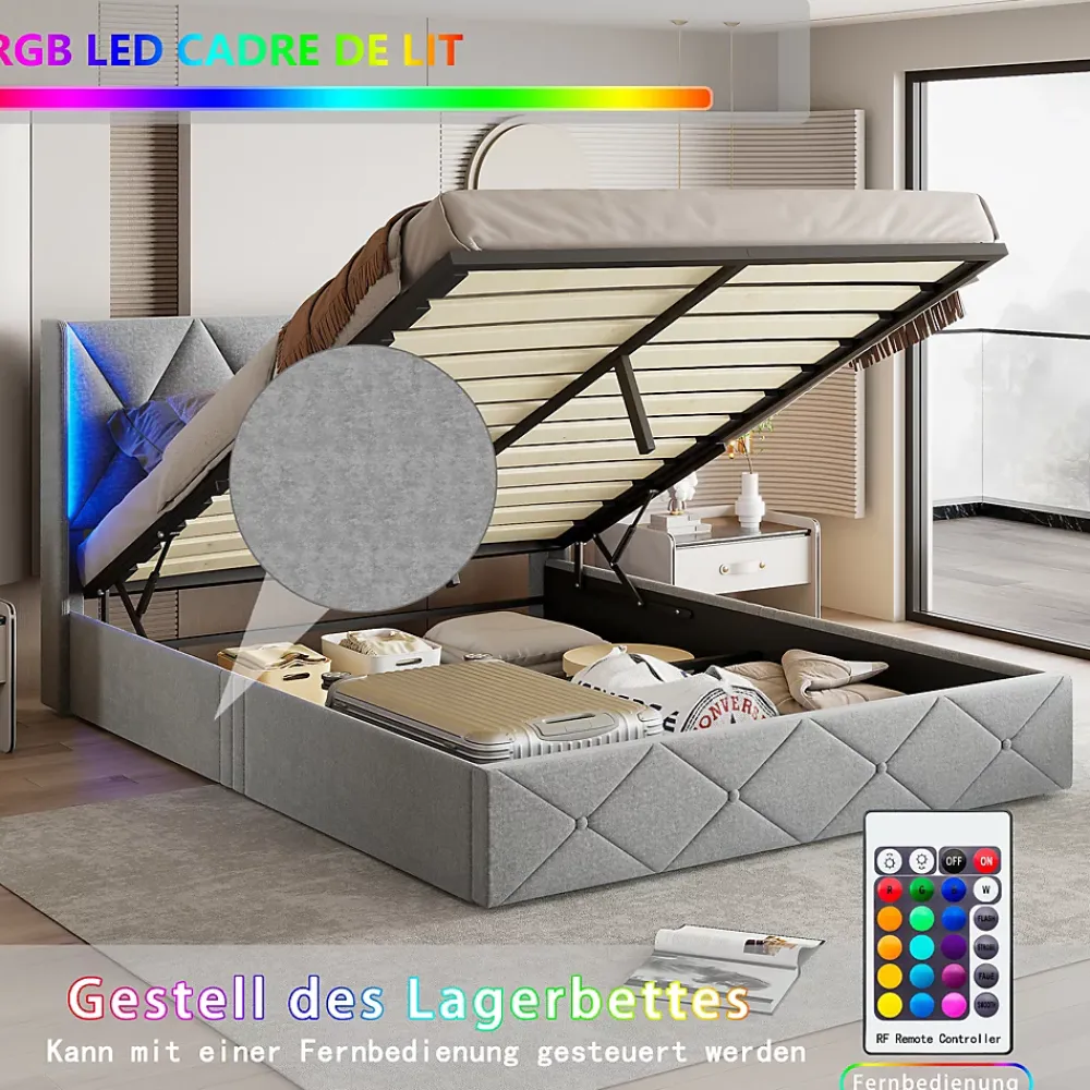ProximaX Lit coffre 160x200 cm en velours gris givré avec lampe latérale sur la tête de lit, rangement hydraulique, facile à monter* Lit Coffre
