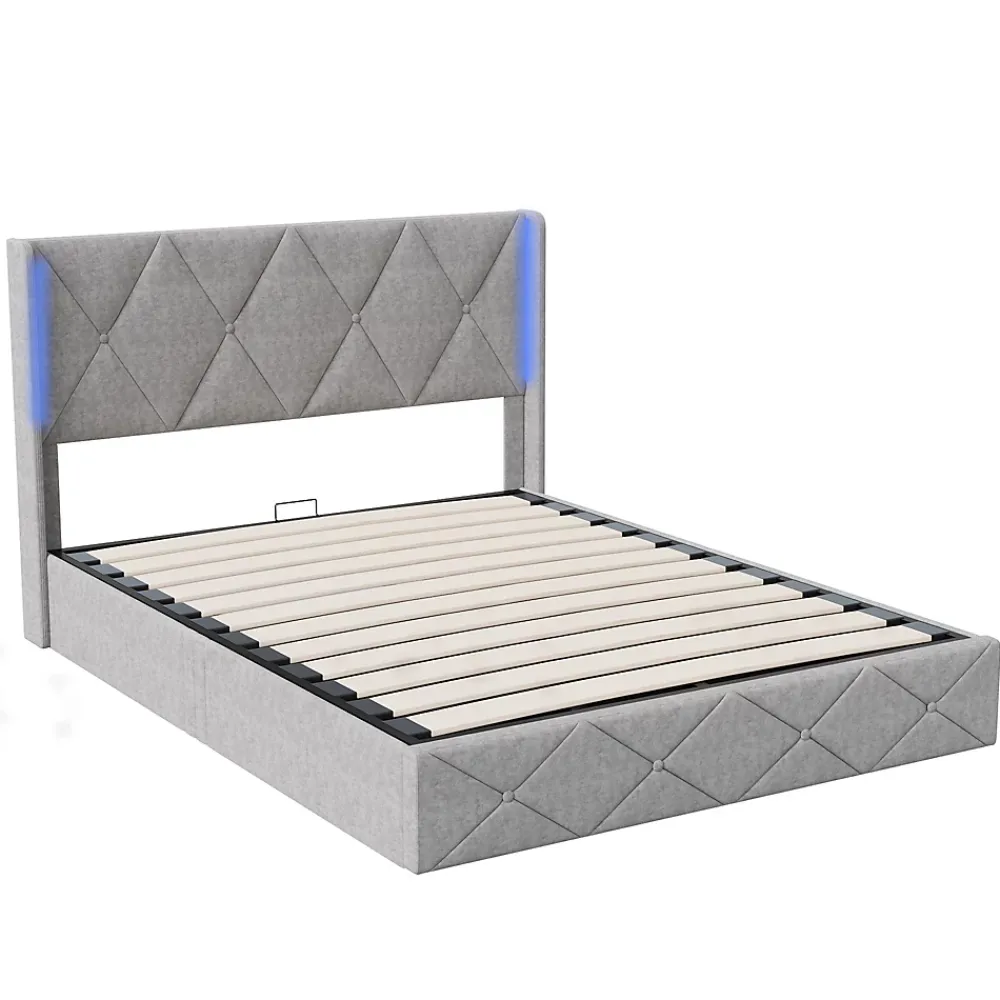 ProximaX Lit coffre 160x200 cm en velours gris givré avec lampe latérale sur la tête de lit, rangement hydraulique, facile à monter* Lit Coffre