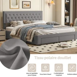 Lit coffre 180x200 cm en velours gris avec tête de lit réglable, tiroirs et sommier à lattes en bois><noscript><img width=