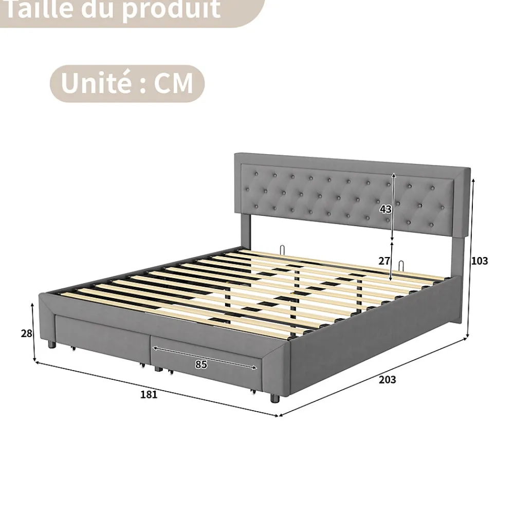Lit coffre 180x200 cm en velours gris avec tête de lit réglable, tiroirs et sommier à lattes en bois>ProximaX New