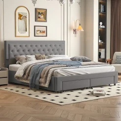 Lit coffre 180x200 cm en velours gris avec tête de lit réglable, tiroirs et sommier à lattes en bois><noscript><img width=