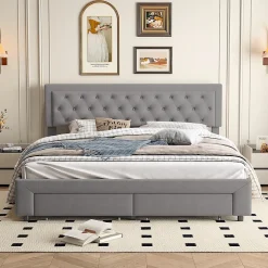 Lit coffre 180x200 cm en velours gris avec tête de lit réglable, tiroirs et sommier à lattes en bois><noscript><img width=