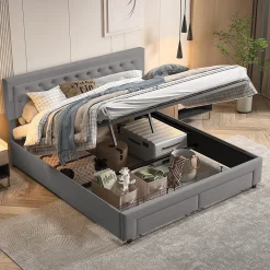 Lit coffre 180x200 cm en velours gris avec tête de lit réglable, tiroirs et sommier à lattes en bois><noscript><img width=