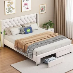 ProximaX Lit coffre 140x190 cm en velours beige, tête de lit cloutée, 2 tiroirs, ports USB, poches latérales, bande LED amovible* Lit Coffre