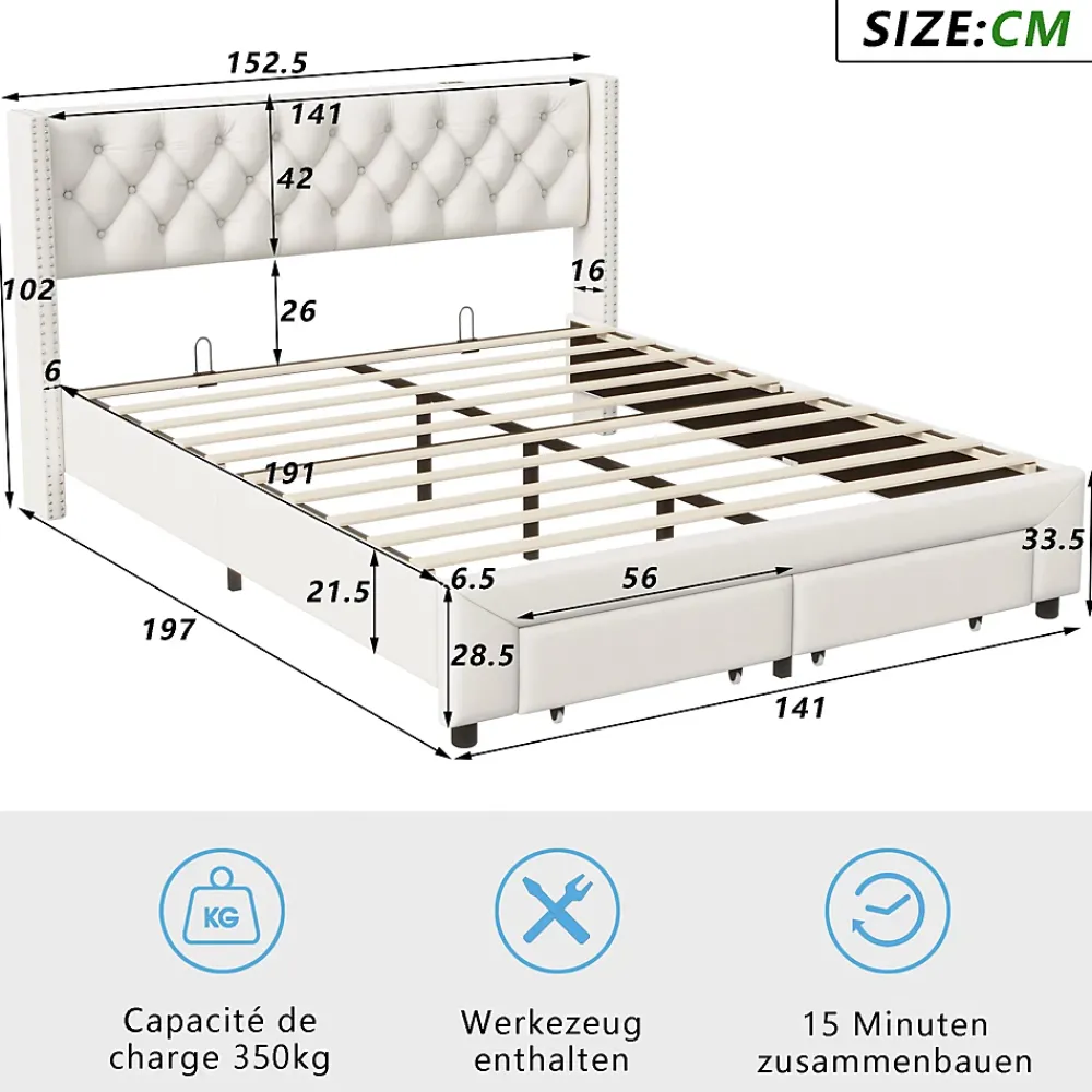 ProximaX Lit coffre 140x190 cm en velours beige, tête de lit cloutée, 2 tiroirs, ports USB, poches latérales, bande LED amovible* Lit Coffre