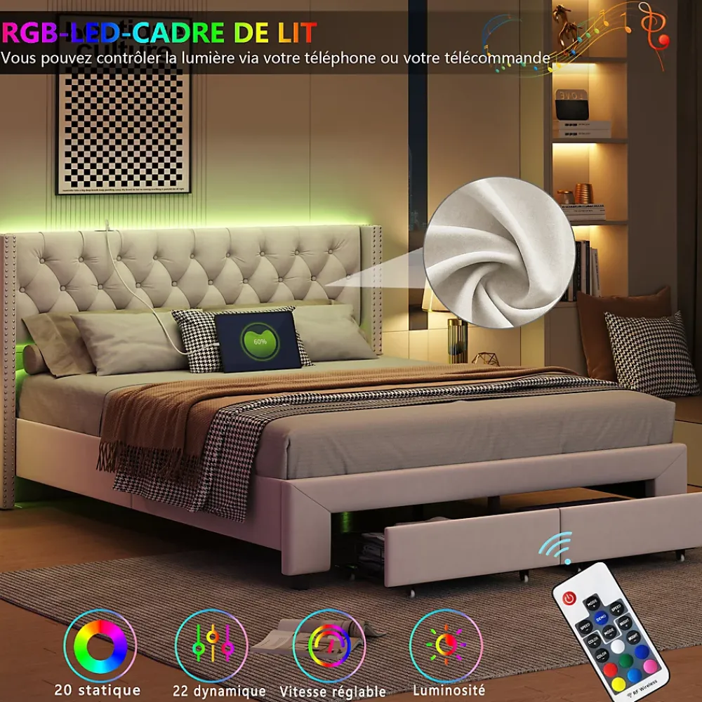 ProximaX Lit coffre 140x190 cm en velours beige, tête de lit cloutée, 2 tiroirs, ports USB, poches latérales, bande LED amovible* Lit Coffre