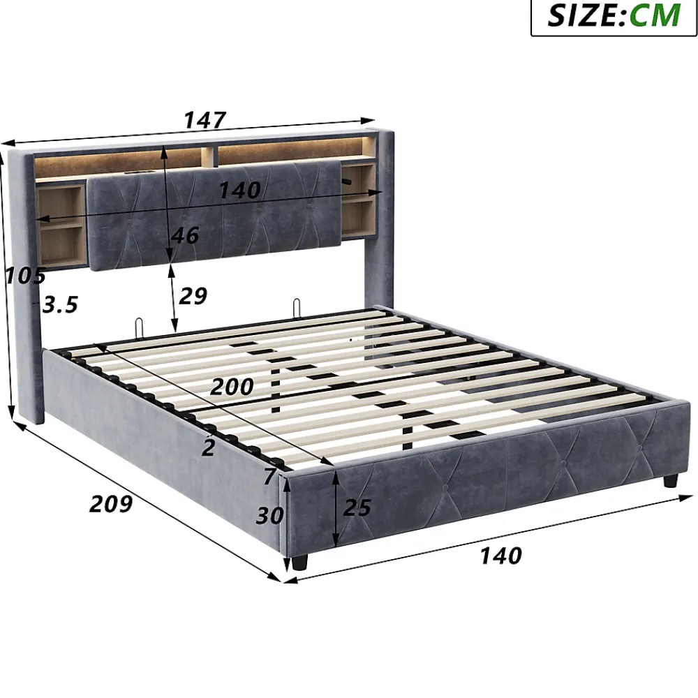 ProximaX Lit coffre 140x200 cm en velours gris avec tête de lit LED 7 couleurs, prises USB/Type-C, rangements et vérins hydrauliques* Lit Coffre