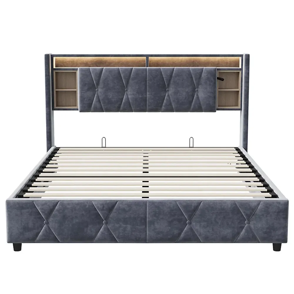 ProximaX Lit coffre 140x200 cm en velours gris avec tête de lit LED 7 couleurs, prises USB/Type-C, rangements et vérins hydrauliques* Lit Coffre