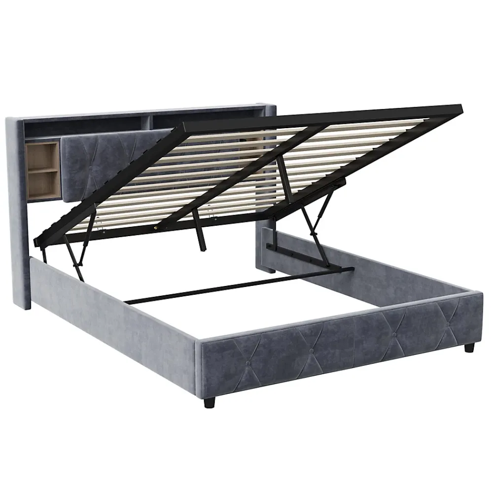 ProximaX Lit coffre 140x200 cm en velours gris avec tête de lit LED 7 couleurs, prises USB/Type-C, rangements et vérins hydrauliques* Lit Coffre