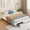 Lit coffre 140x190 cm en velours beige, tête de lit cloutée, 2 tiroirs, ports USB, poches latérales, bande LED amovible>ProximaX Hot