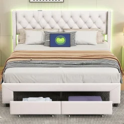 Lit coffre 140x190 cm en velours beige, tête de lit cloutée, 2 tiroirs, ports USB, poches latérales, bande LED amovible><noscript><img width=