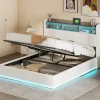Lit coffre 140x200 cm en velours avec tête de lit rangements, LED, ports USB, Lit double avec espace de rangement, Blanc>ProximaX Online