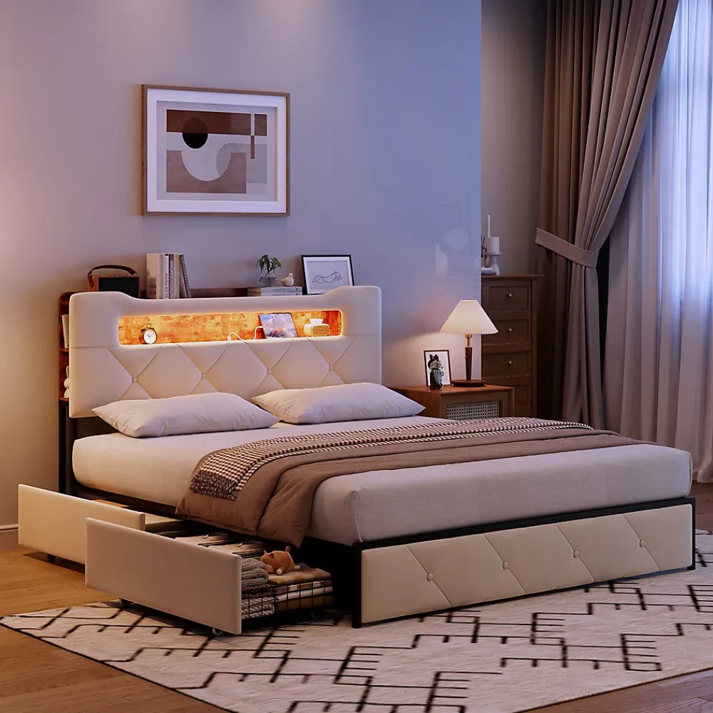 ProximaX Lit coffre 140x190 cm en velours beige avec tête de lit lumineuse et port de charge, 4 tiroirs de rangement, structure métal* Lit Coffre