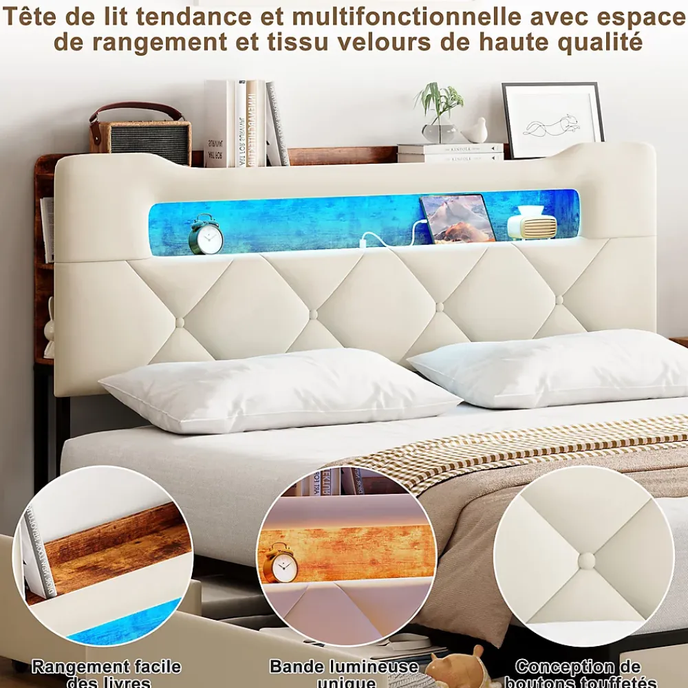 ProximaX Lit coffre 140x190 cm en velours beige avec tête de lit lumineuse et port de charge, 4 tiroirs de rangement, structure métal* Lit Coffre