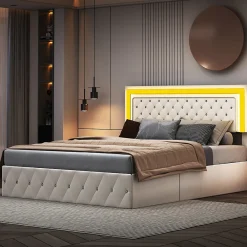 Lit coffre 160x200 cm en velours - avec LED et sommier à lattes - Lit double de rangement - avec tête de lit réglable - Beige>Simple Life Outlet
