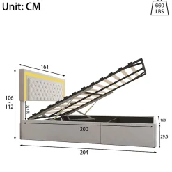Lit coffre 160x200 cm en velours - avec LED et sommier à lattes - Lit double de rangement - avec tête de lit réglable - Beige><noscript><img width=