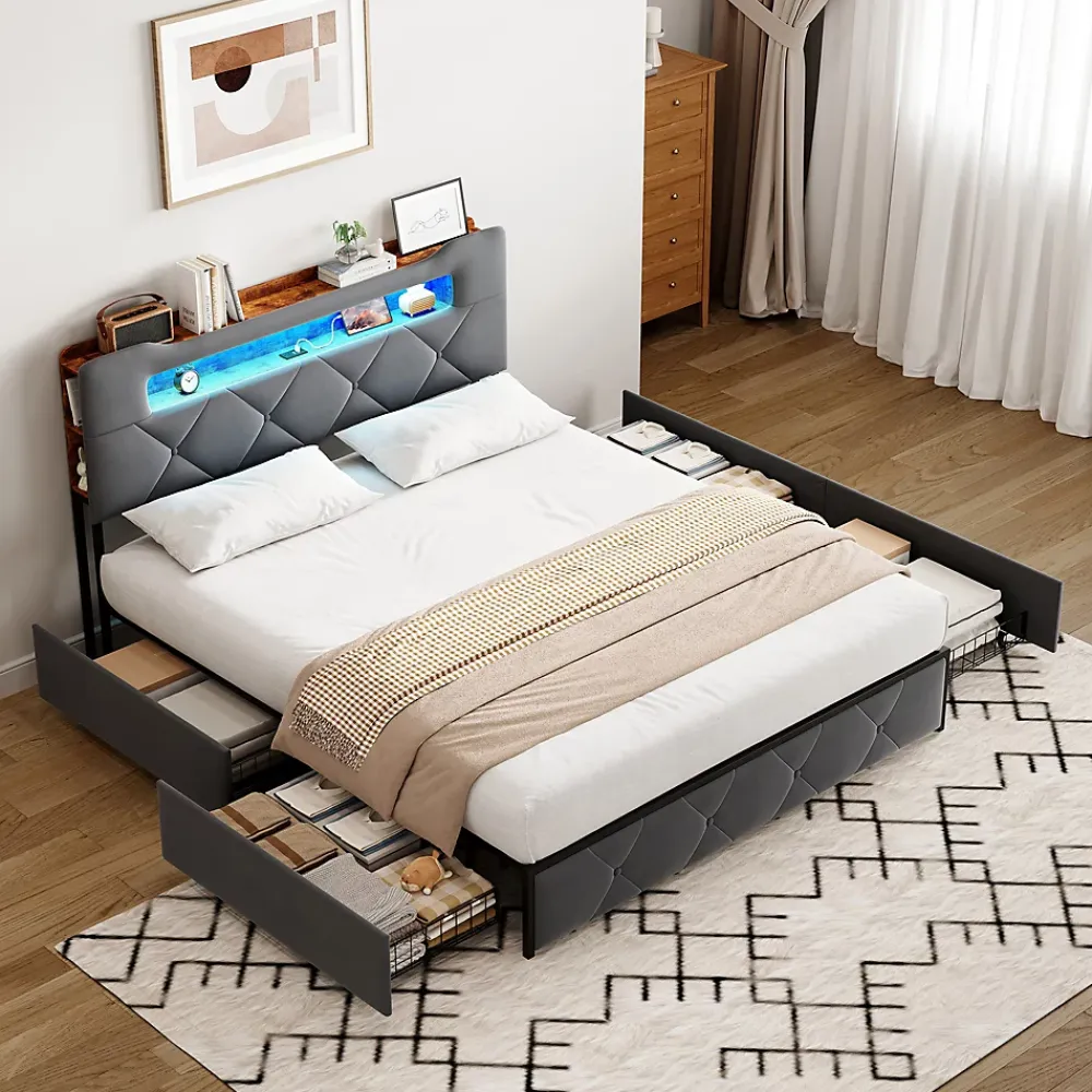 ProximaX Lit coffre 140x200 cm en velours gris avec tête de lit lumineuse et chargeur intégré, 4 tiroirs de rangement, structure métal* Lit Coffre