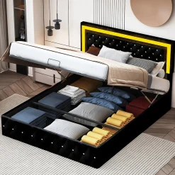 Simple Life Lit coffre 160x200 cm en velours - avec LED et sommier à lattes - Lit double de rangement - avec tête de lit réglable - Noir* Lit Coffre