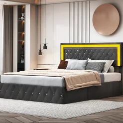 Simple Life Lit Coffre 160x200 Cm En Velours - Avec LED Et Sommier à Lattes - Lit Double De Rangement - Noir* Lit Coffre
