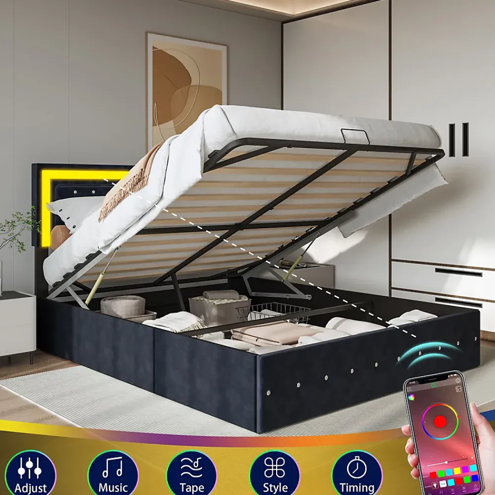 Simple Life Lit Coffre 160x200 Cm En Velours - Avec LED Et Sommier à Lattes - Lit Double De Rangement - Noir* Lit Coffre