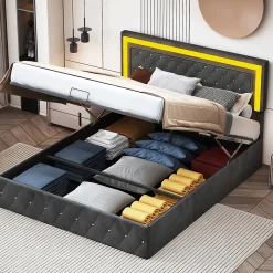 Simple Life Lit Coffre 160x200 Cm En Velours - Avec LED Et Sommier à Lattes - Lit Double De Rangement - Noir* Lit Coffre
