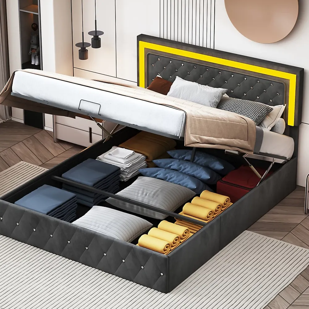 Simple Life Lit Coffre 160x200 Cm En Velours - Avec LED Et Sommier à Lattes - Lit Double De Rangement - Noir* Lit Coffre