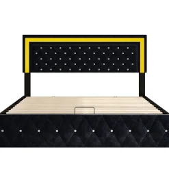 Simple Life Lit Coffre 160x200 Cm En Velours - Avec LED Et Sommier à Lattes - Lit Double De Rangement - Noir* Lit Coffre