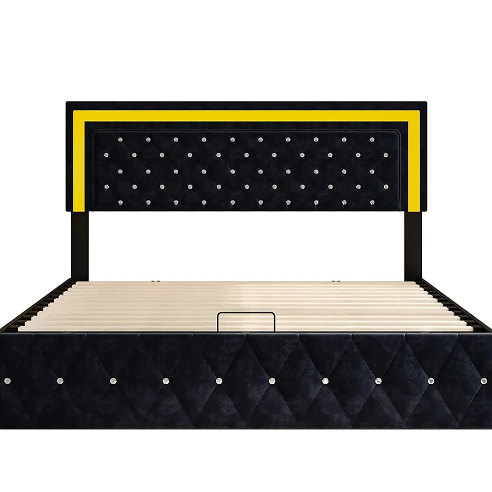 Simple Life Lit Coffre 160x200 Cm En Velours - Avec LED Et Sommier à Lattes - Lit Double De Rangement - Noir* Lit Coffre