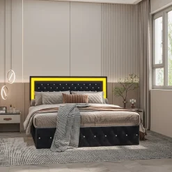 Simple Life Lit Coffre 160x200 Cm En Velours - Avec LED Et Sommier à Lattes - Lit Double De Rangement - Noir* Lit Coffre